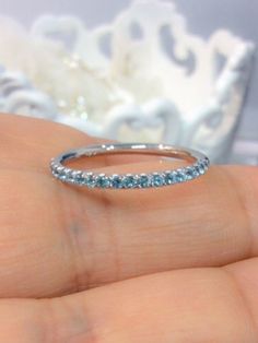 "Delicate 18 K Solid White Gold Half Eternity Band Ring with Natural Aquamarine Gemstones. This Ring is Full of Elegance and Beauty! It is so Simple and so Complete at the same time! One can wear this band alone by itself or match it with Engagement Solitaire Ring to make a Wedding Set (Bridal Set). These Rings are also called Stacking Rings, because you can stack as many rings together as you wish, mix and match colors and styles to your taste. Material: 18K Solid White Gold Setting Type: U Mic 19th Wedding Anniversary, Birthstone Stacking Rings, Topaz Birthstone, Pave Band, Infinity Ring, Matching Wedding Bands, Aquamarine Jewelry, Half Eternity Band, Eternity Band Ring