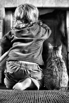 a little boy sitting on the floor next to a cat