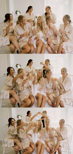 several pictures of women in robes drinking champagne