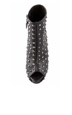 The Gabriel Studded Peep Toe Bootie by Rock & Republic features: All-over leather material. Pointed round stud embellishments throughout. Side zipper closure. Peep toe design. Spiked zipper pull. 6"stiletto heel with 1.5" platform. Leather Party Heels With Rivets, Leather High Heel Heels With Rivets, Leather High Heels With Rivets, Edgy Leather Heels With Spikes, Edgy Leather Spiked Heels, Leather Heels With Studs For Night Out, Leather Heels With Rivets And Round Toe, Chevron Jewelry, Gucci Shop