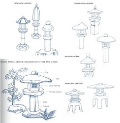 an image of various architectural drawings in blue ink on white paper, including umbrellas and pagodas