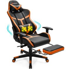 an orange and black gaming chair with two glowing yellow eyes on it's back