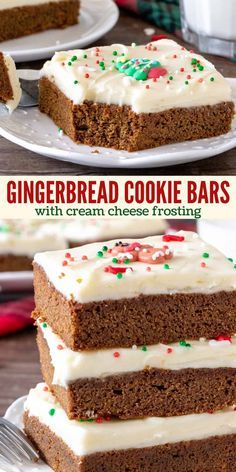 gingerbread cookie bars with cream cheese frosting are stacked on top of each other