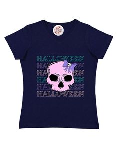 This "Halloween" design is heat transfer vinyl that is heat pressed on top of a Women's Premium Jersey V-Neck T-Shirt.  The design has been printed on commercial grade HTV material using eco-solvent inks with a Roland printer. Fabrication: 4.5 oz. 60% combed ringspun cotton/40% polyester fine jersey * Heather is 90% combed ringspun cotton/10% polyester * Natural Heather is 100% combed ringspun cotton Features: Ribbed v-neck collar * Self-fabric back neck tape * Double needle sleeves and bottom h Halloween Blue Tops With Letter Print, Blue Pre-shrunk Tops For Halloween, Blue Halloween Top With Letter Print, Blue Letter Print Top For Halloween, Halloween Skull Letter Print Tops, Blue Halloween Tops With Letter Print, Blue Halloween Letter Print Tops, Halloween Skull Print Top For Fan Merchandise, Fun Halloween Tops With Skull Print