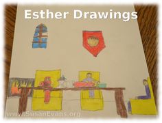 a child's drawing with the words esther drawings on it and an image of two people sitting at a table