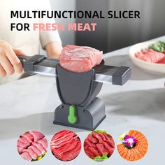 the meat slicer is being used to make fresh meat