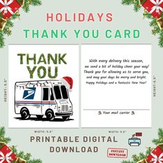 a holiday thank card with an image of a mail truck