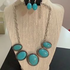 16” Turquoise Necklace With Earrings Can Be Adjusted To 18” Length Never Worn Turquoise Dangle Necklace, Elegant Metal Turquoise Necklace, Elegant Turquoise Metal Necklace, Nickel-free Elegant Blue Turquoise Necklace, Nickel Free Blue Jewelry Sets, Elegant Nickel Free Turquoise Necklace, Turquoise Jewelry Sets As A Gift, Blue Turquoise Metal Necklace, Turquoise Earring