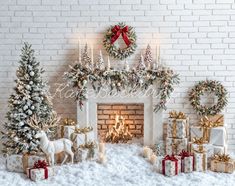 a fireplace decorated with christmas decorations and presents