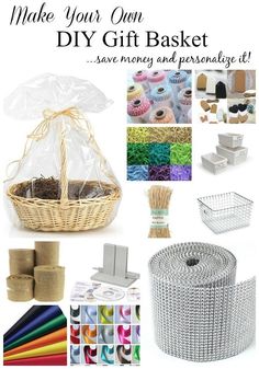 a basket filled with lots of crafting supplies next to rolls of yarn and other items