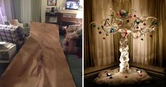 two pictures side by side, one with a tree and the other with decorations on it