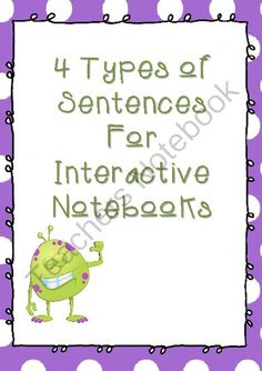 four types of sentences for interactive notebooks in purple and white with polka dots