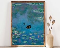 a black cat sitting on top of a water lily pond under a sky filled with clouds