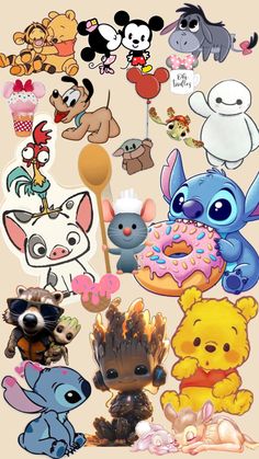 various cartoon characters are grouped together in the same image, with each character holding a lollipopo