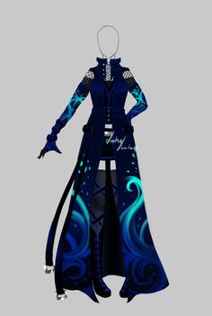 a blue and black outfit with an elaborate design on the chest, long sleeves and cuffs