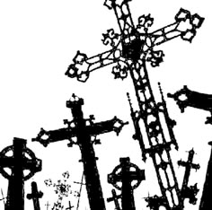 black and white photograph of crosses in the grass