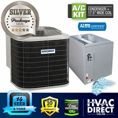 an air conditioner with the silver package logo above it and four different logos around it