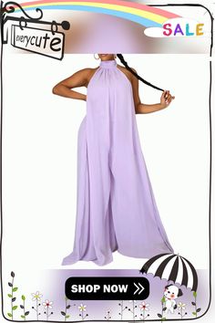 Light Purple Halter Neck Backless Chiffon Wide Leg Jumpsuit Chic Flowy Jumpsuits For Party, Chic Flowy Jumpsuits And Rompers For Party, Elegant Beach Jumpsuits And Rompers, Chic Sleeveless Flowy Jumpsuits And Rompers, Elegant Sleeveless Purple Jumpsuits And Rompers, Chic Chiffon Jumpsuits For Spring, Chic Chiffon Jumpsuits And Rompers For Spring, Chic Chiffon Beach Jumpsuits And Rompers, Elegant Sheer Jumpsuits And Rompers For Summer