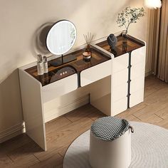 a dressing table with mirrors and stools in a room next to a round rug