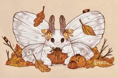 a drawing of a white butterfly sitting on top of pumpkins