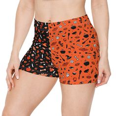 These shorts were made to handle heat like champs thanks to their moisture-wicking fabric. Made with 95% Polyester and 5% Spandex, they balance perfectly between comfy and stretchy while remaining super soft to the touch. Each pair comes with white seam color and features a two-toned black and orange witchy all-over print, custom-designed by Moons & Monsters. Short A, Black And Orange, All Over, Skorts, Moisture Wicking Fabric, Short Outfits, Women's Shorts, Moisture Wicking, Two Tone