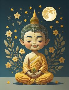 a buddha statue sitting in front of a full moon