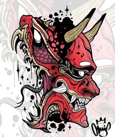 a drawing of a demon mask with horns on it's head and stars in the background