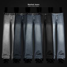 five pairs of jeans are lined up in a row