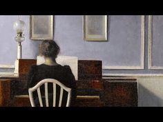 a painting of a woman sitting at a table with a piano in front of her