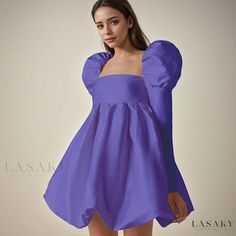 Lasaky - Palatial Satin Princess Dress with Puffy Sleeves and Square Neckline - Formal Wear with Long Sleeves and a Regal Touch Purple Puffy Dress, Satin Princess Dress, Beige Satin Dress, Dress With Puffed Sleeves, Dress With Puffy Sleeves, Winter Outfits Men, Sleeves Clothing, Mini Dresses For Women, Ball Gown Dresses