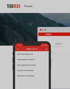 two screens showing the daily schedule on their phone and in front of them is an image of a mountain
