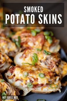 a plate full of baked potato skins with text overlay