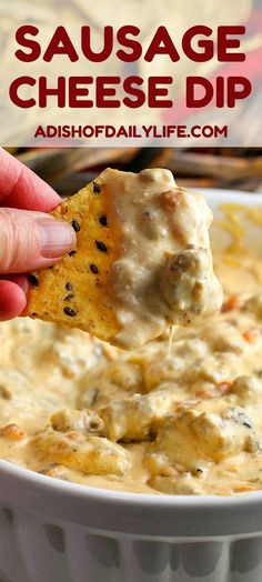 a hand holding a tortilla chip over a bowl of cheese dip with the title above it