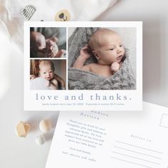 a baby's birth announcement is shown with the words love and thanks