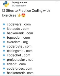 an image of a text message that reads, 12 sites to practice coding with exercises