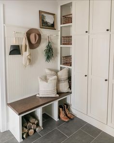 a mud room with shoes and hats on the shelves