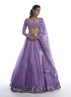 Kali Lehenga, Lavender Lehenga, Purple Lehenga, Mirror Work Lehenga, Mirror Work Blouse, Full Sleeve Blouse, Organza Lehenga, Wedding Lehenga Designs