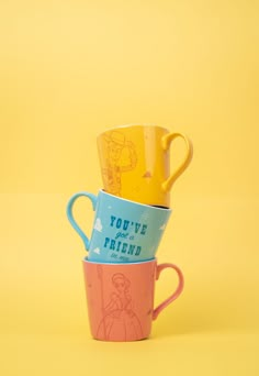 three mugs stacked on top of each other with the words you've friend printed on them