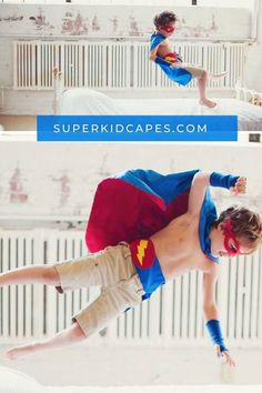 a boy in superman costume jumping on a bed with the caption superkid capes com