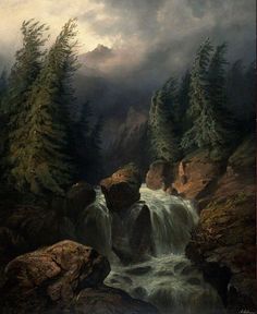 a painting of a waterfall in the woods