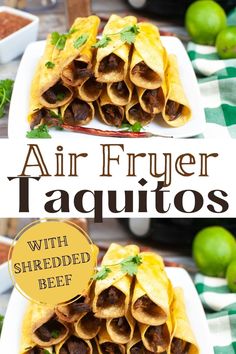 air fryer taquitass with shredded beef and cilantro sauce on the side