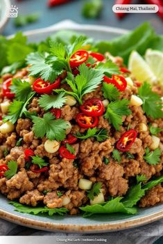 a plate filled with meat and garnished with cilantro, limes and red peppers