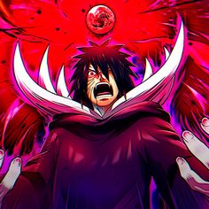 an anime character with red wings and blood on his face, in front of a purple background