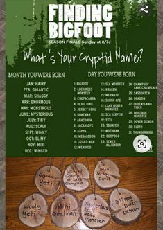 the flyer for finding bigfoot, which is on display in front of a wooden table