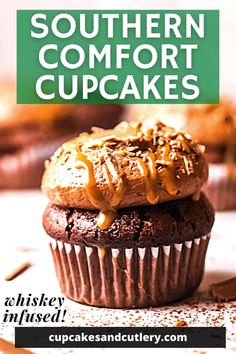 a close up of a cupcake on a table with the words southern comfort cupcakes above it