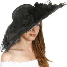 Sinamay Hat W/ Organza Layer Black Weight 3.3 Oz. Circumference 22 X Brim 8 X Crown Height 3.5 Inches 100% Sinamay Wired Brim Chic Party Sun Hat For Spring, Casual Spring Party Hats, Chic Sun Hat For Garden Party, Chic Formal Spring Sun Hat, Elegant Brimmed Lined Sun Hat, Elegant Lined Brimmed Sun Hat, Chic Wide Brim Sun Hat For Party, Spring Evening Brimmed Sun Hat, Elegant Fitted Lined Hats