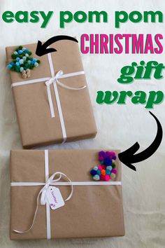 two presents wrapped in brown paper and tied with white ribbon are sitting next to the words easy pom pom christmas gift wrap