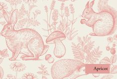 seamless pattern with rabbits and mushrooms in pink color on a white background, suitable for wallpaper or fabric