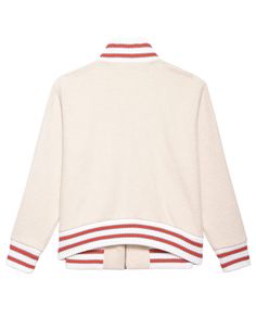 Borrowing from vintage collegiate bombers, The Track Bomber. is made from soft brushed wool in soft spring shades. This classic silhouette embodies our love of preppy collegiate dressing and fits shlumpy and relaxed with dropped shoulders that are perfectly pitched at back body creating a charming swing shape. Authentic details include athletic inspired striped soft wool rib at the neckline, cuffs, and hem. The finishing touch is a collegiate graphic at the front chest, which is needle punched t