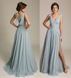 Dusty Blue V Neck Chiffon Evening Gown with Side Split,Sexy Cowl Back Prom/Evening Bridesmaid Dress Dusty Blue Bridesmaid, Dusty Blue Bridesmaid Dresses, فستان سهرة, Blue V, Dress Evening, Stretch Satin, Chiffon Lace, Side Split